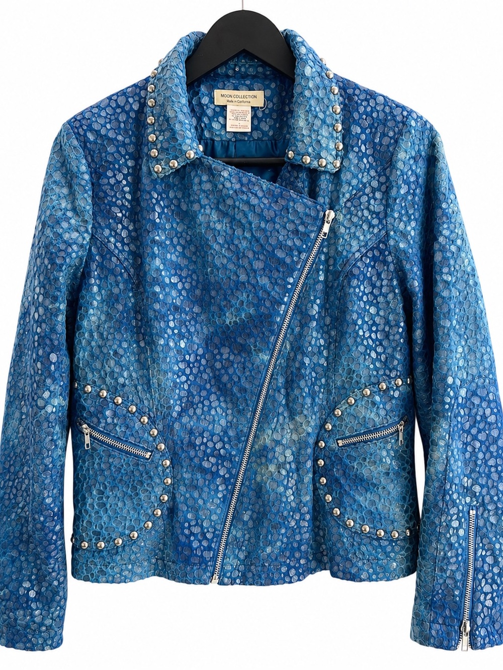 Moon Collection Blue Snakeskin Print Moto Jacket Studded Zip Up Statement Large